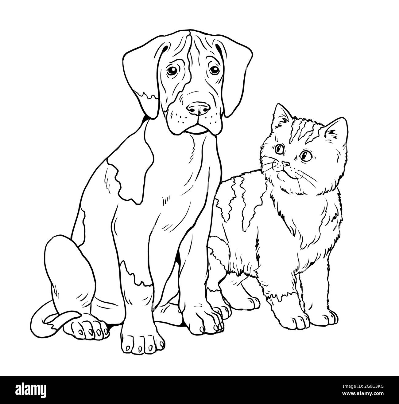 Freunde Welpen und Kätzchen. Süße Dogge. Farbvorlage. Digitale Illustration. Stockfoto