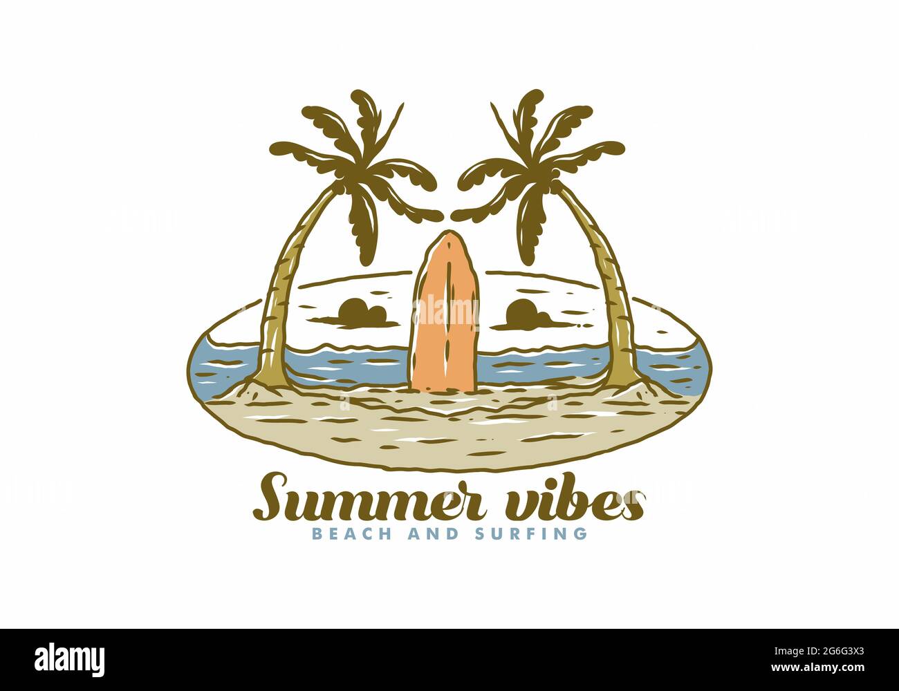 Bunte Illustration Zeichnung der Sommer Vibes Surfen Design Stock Vektor