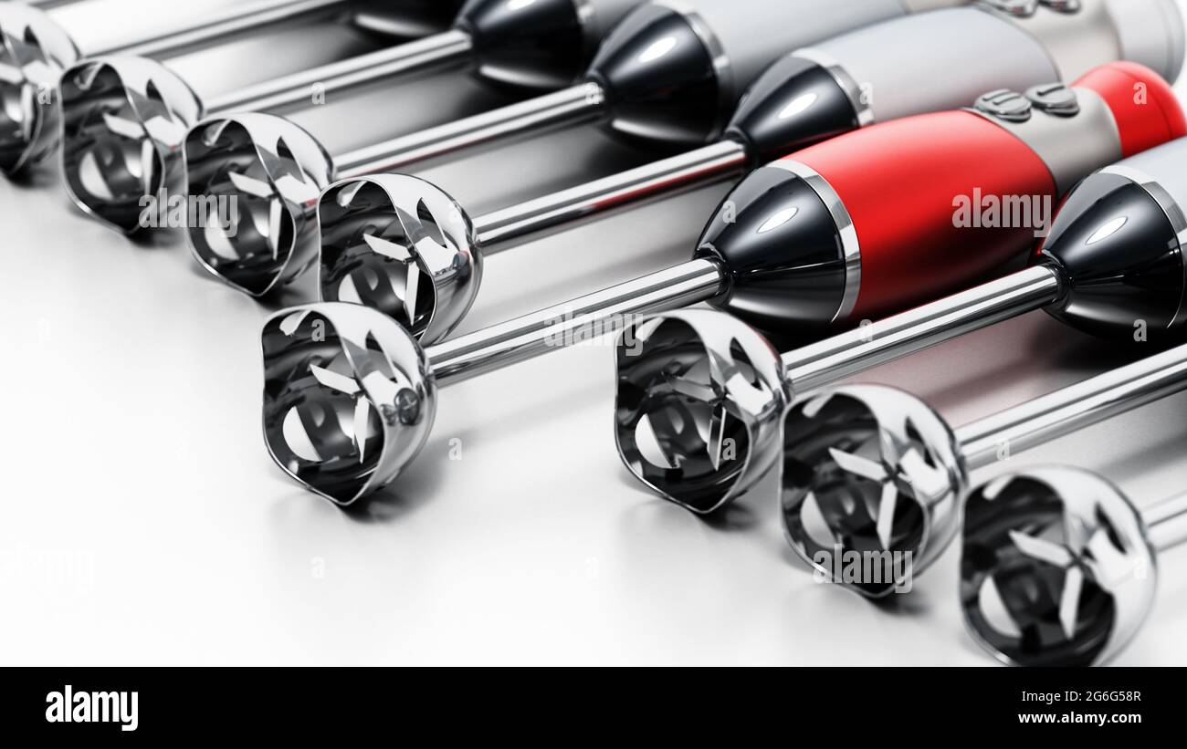 Roter Stabmixer hebt sich von weißen Mixer ab. 3D-Illustration. Stockfoto