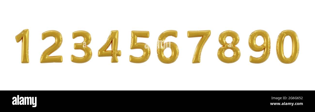 goldene Ballon-Zahlen isoliert auf weißem Hintergrund für einfachen Ausschnitt. Schrift Schrift. 3d-Rendering Stockfoto