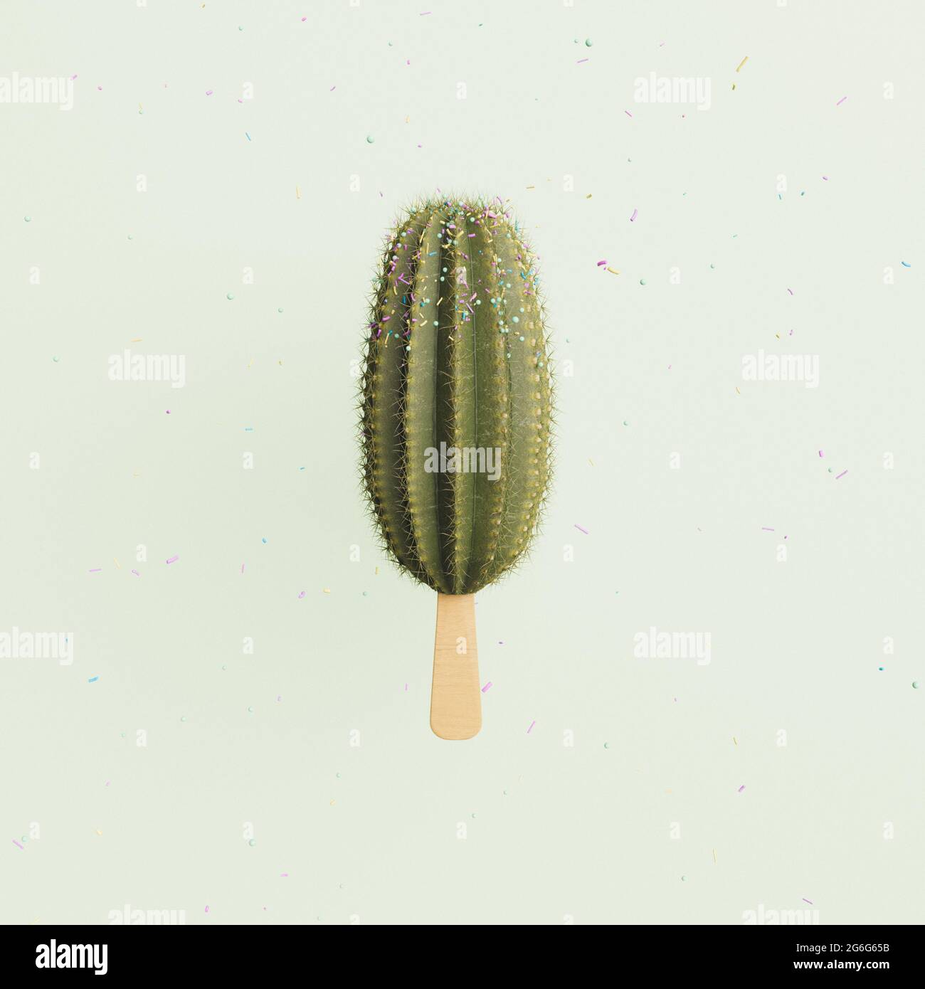 Kaktus-Eis mit herabfallenden bunten Konfetti. Minimalistische Szene.  3d-Rendering Stockfotografie - Alamy