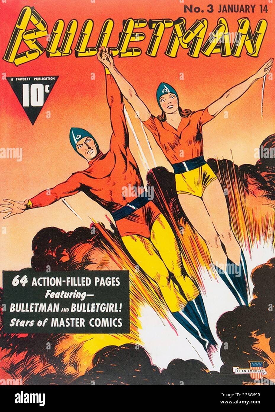 BULLETMAN amerikanischer Comic. Cover der Ausgabe von Fawcett Comics vom Januar 1940, ebenfalls mit Bulletgirl. Stockfoto