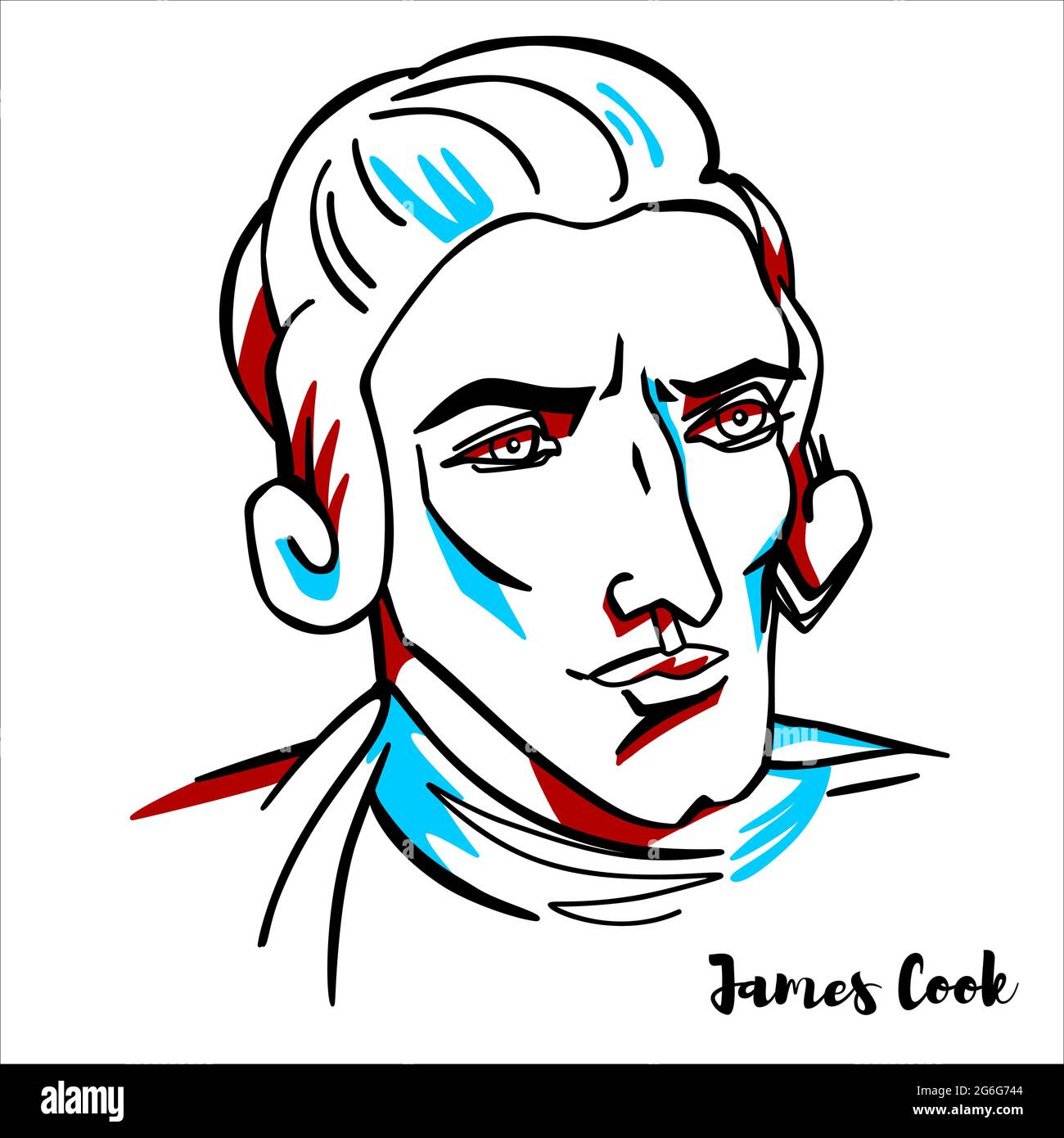 James Cook gravierte Vektorportrait mit Farbkonturen. Britischer Entdecker, Navigator, Kartograph und Kapitän der Royal Navy. Stock Vektor