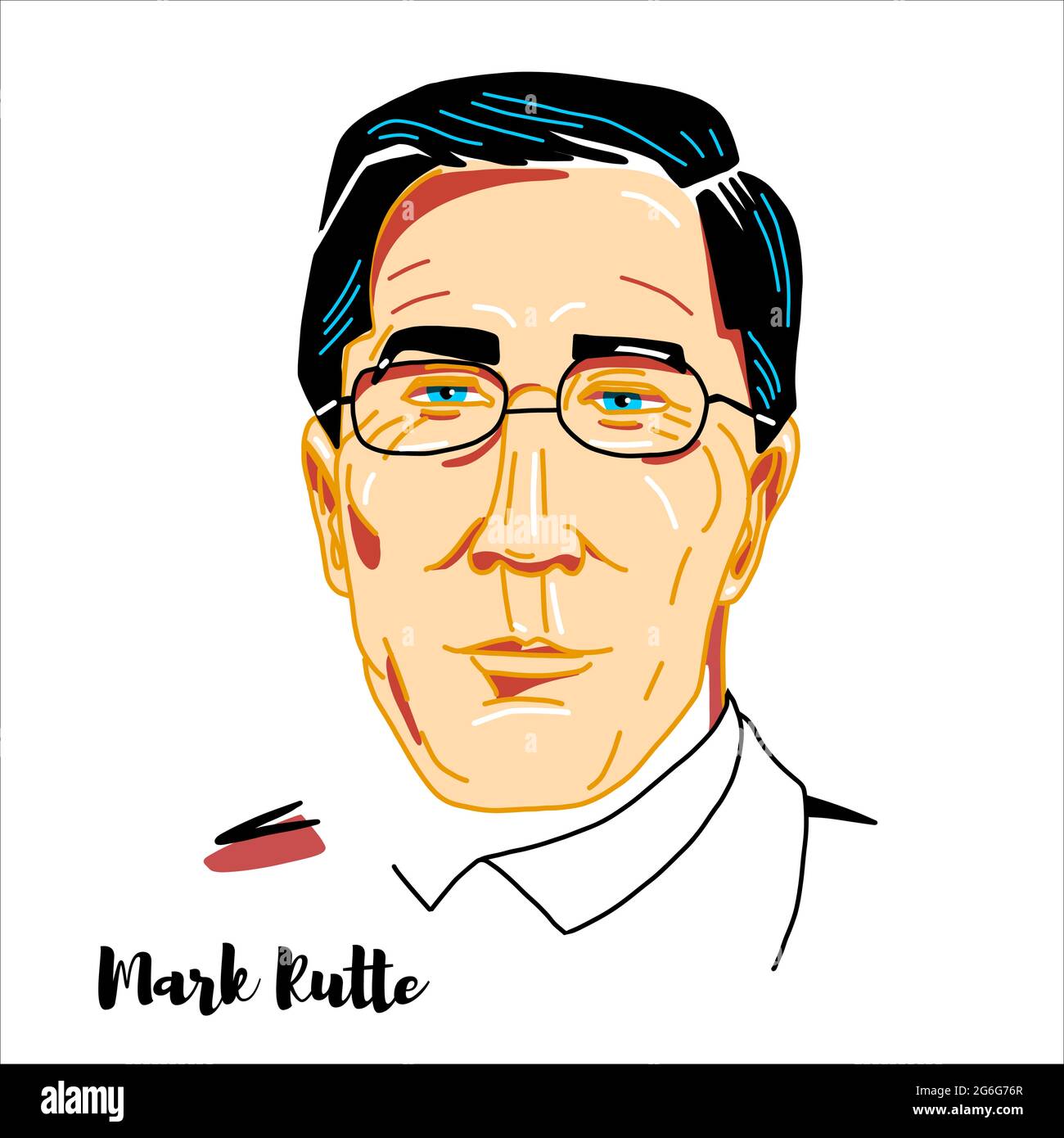 RUSSLAND, MOSKAU - 02. Mai 2019: Mark Rutte graviert Vektor-Porträt mit Tinte Konturen. Niederländischer Politiker, der als 50. Und derzeitiger Premierminister dient Stock Vektor