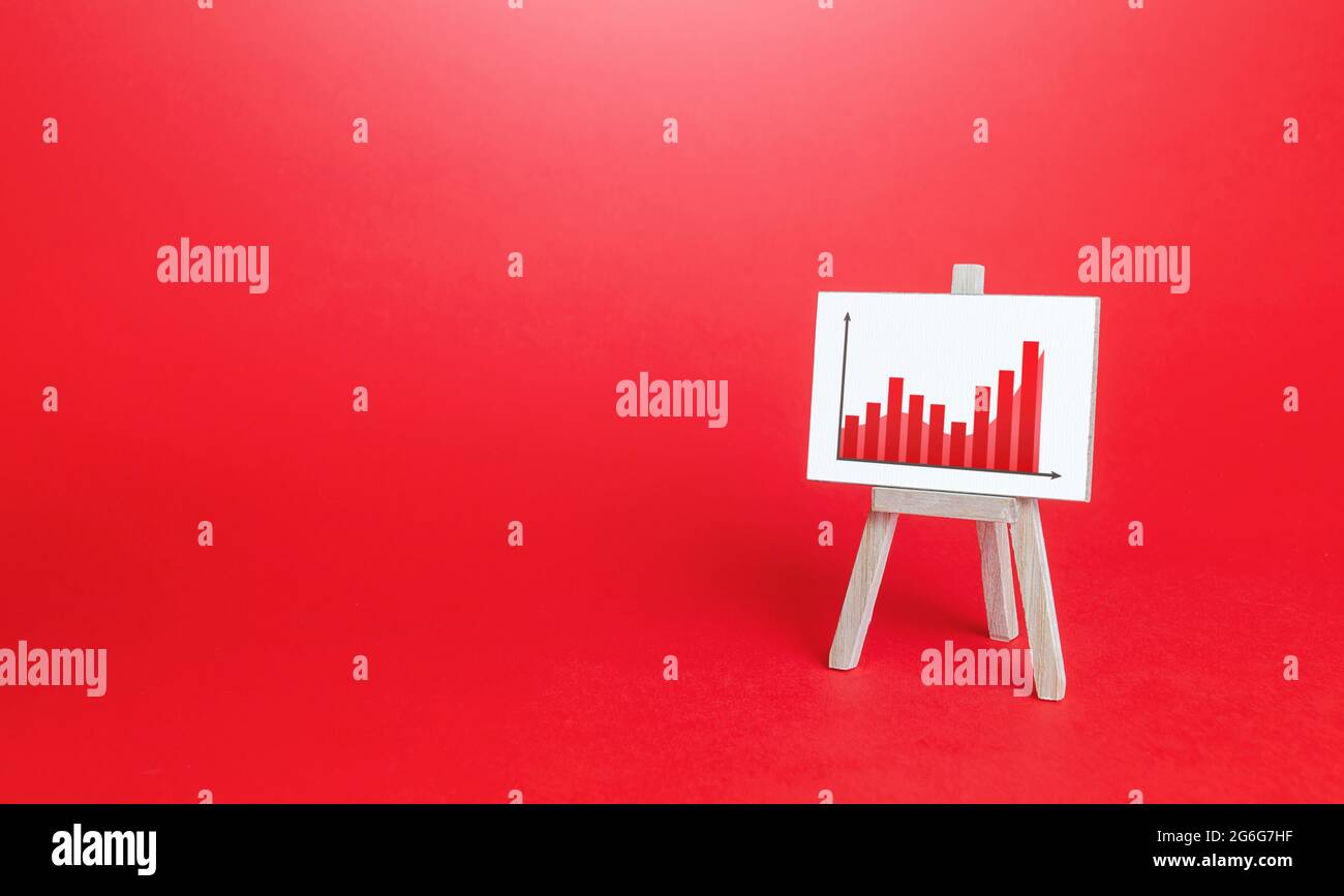 Staffelei mit einem Diagramm des Wachstums. Positives Wachstumskonzept. Hohe Effizienz der Produktivität, steigende Preise und Gewinne, Indikatoren für die Geschäftsentwicklung. Stockfoto