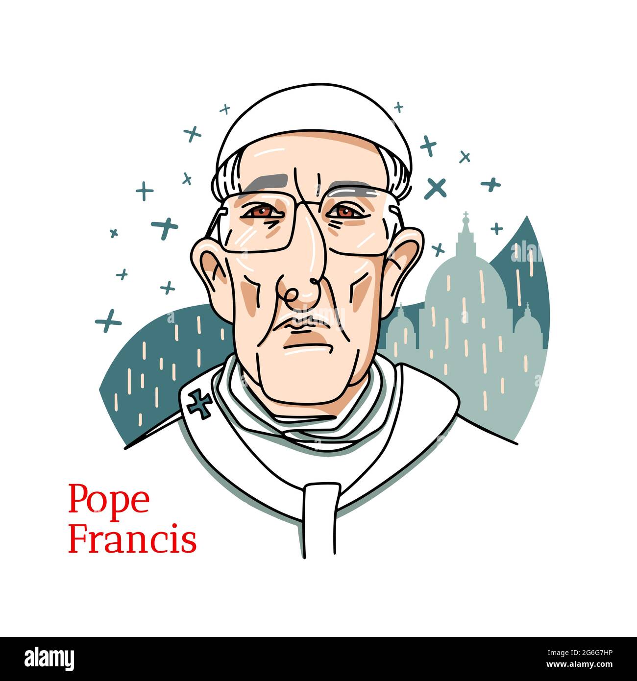 RUSSLAND, MOSKAU - 07. Mai 2019: Papst Franziskus koloriertes Vektorportrait mit schwarzen Konturen. Das Oberhaupt der katholischen Kirche und Herrscher des Vatikans Stock Vektor