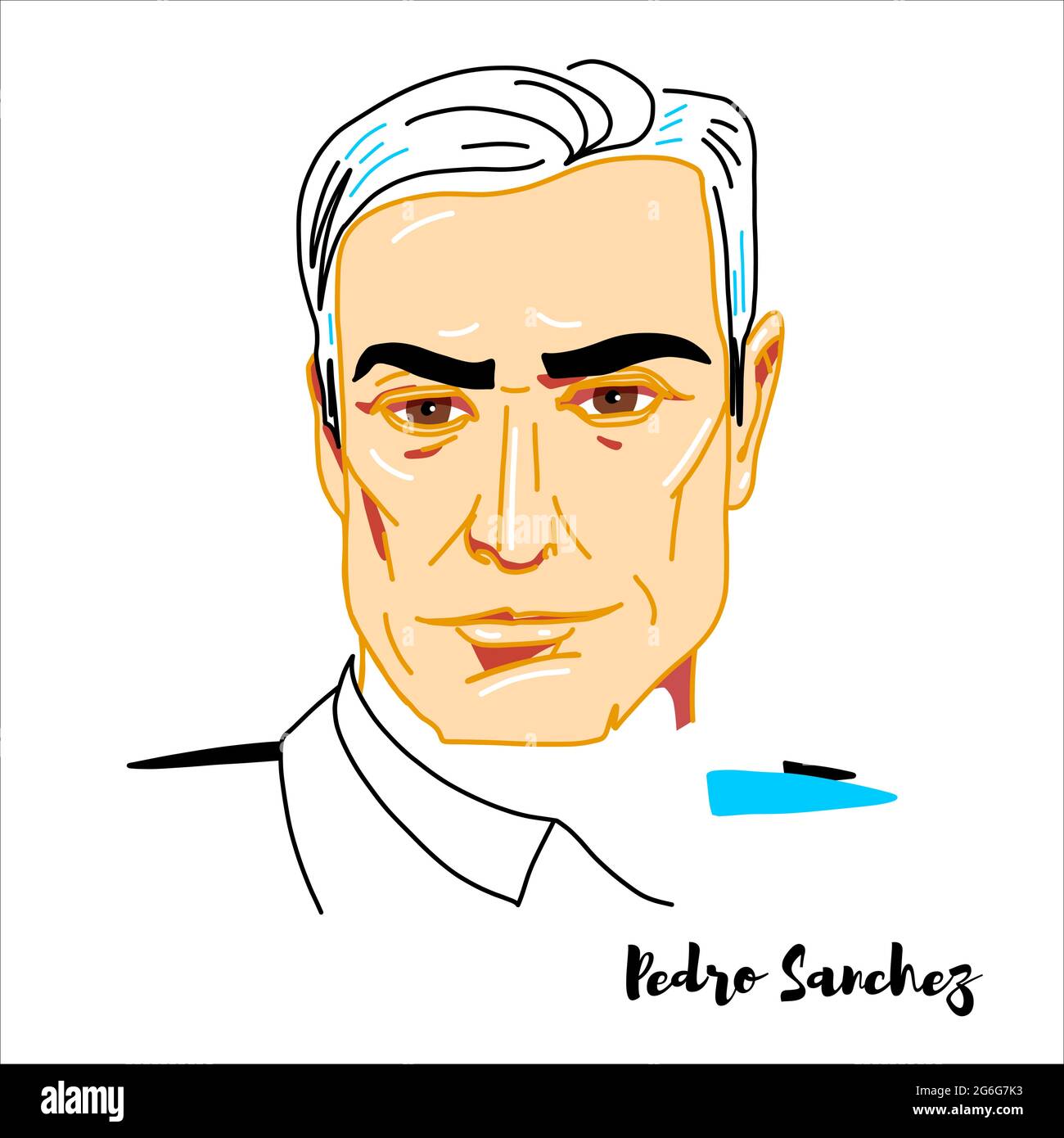 RUSSLAND, MOSKAU - 28. April 2019: Pedro Sanchez graviert Vektorportrait mit Farbkonturen. Spanischer Ökonom und Politiker, der als Premierminister dient Stock Vektor