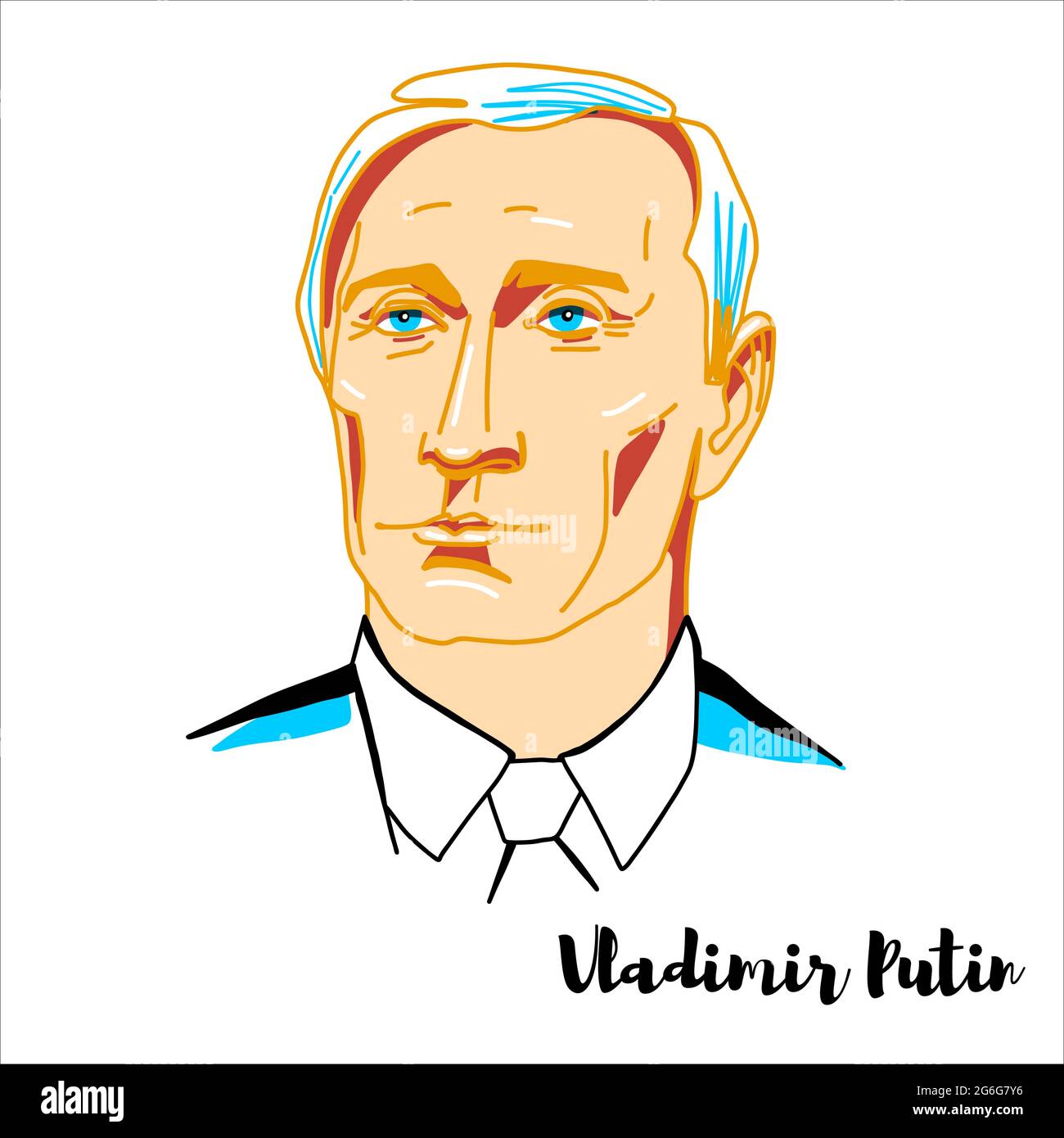 RUSSLAND, MOSKAU - 14. April 2019: Vladimir Putin graviert Vektorportrait mit Tintenkonturen. Russischer Politiker und ehemaliger Geheimdienstoffizier Stock Vektor