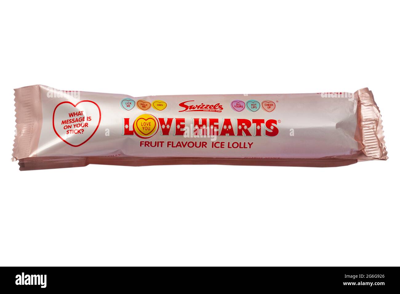 Swizzels Love Hearts Fruchtgeschmack Eis lolly isoliert auf weißem Hintergrund Stockfoto