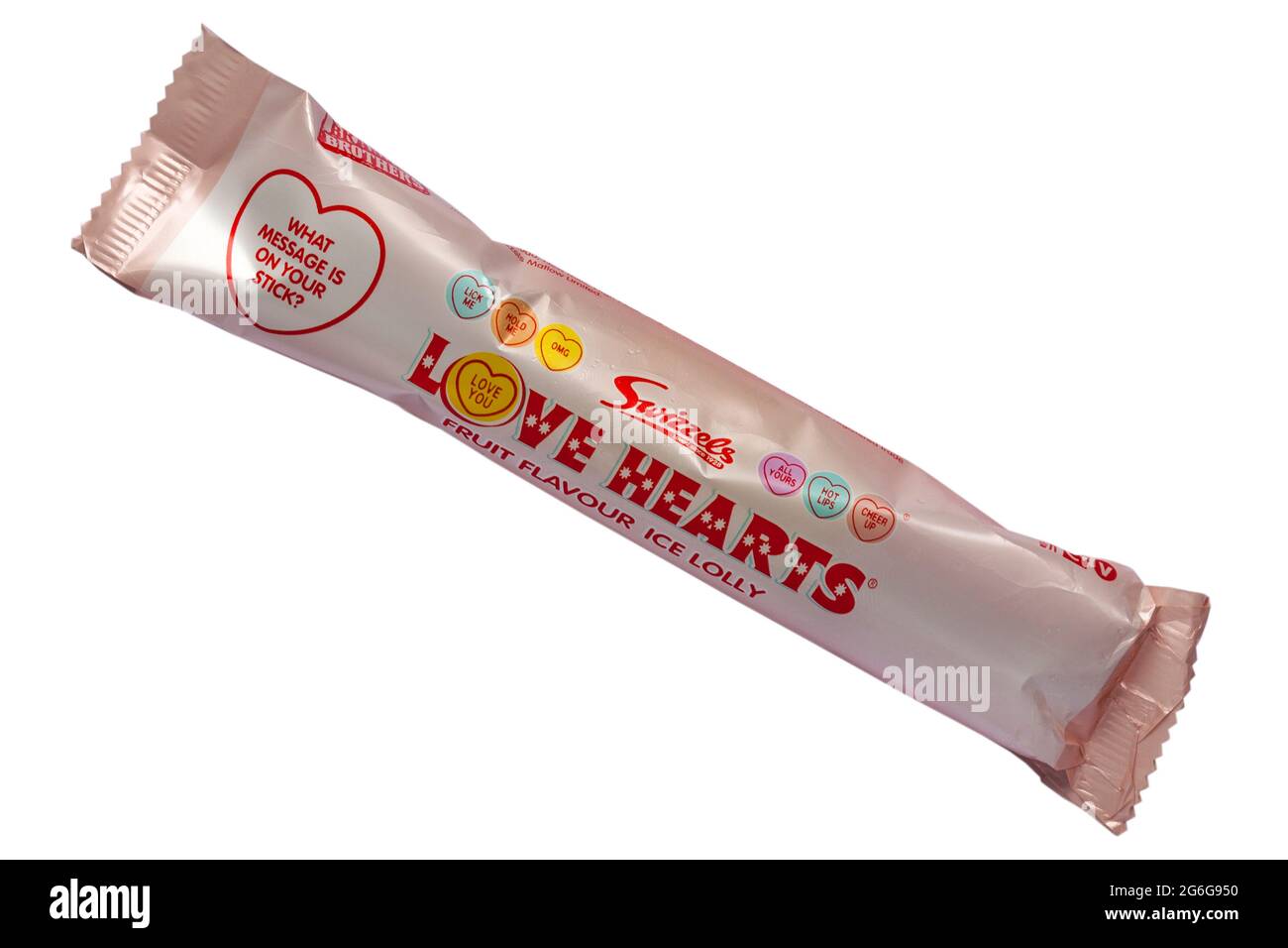 Swizzels Love Hearts Fruchtgeschmack Eis lolly isoliert auf weißem Hintergrund Stockfoto