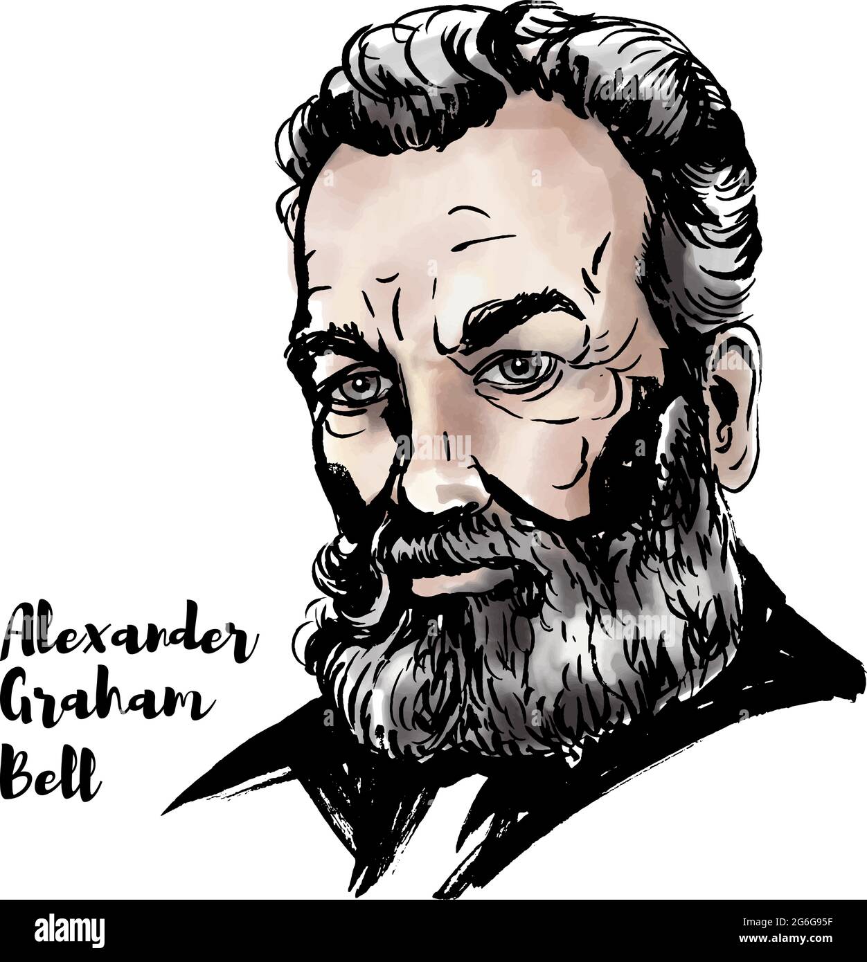 Alexander Graham Bell Aquarell-Vektor-Porträt mit Farbkonturen. In Schottland geborener Wissenschaftler, Erfinder, Ingenieur und Innovator Stock Vektor
