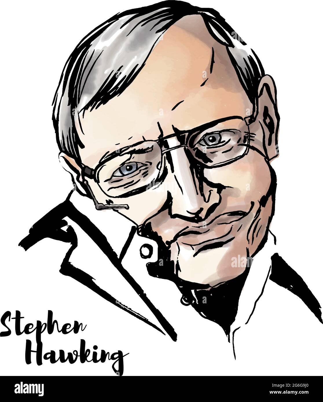 MOSKAU, RUSSLAND - 11. JUNI 2018: Stephen Hawking Aquarell-Vektorportrait mit Farbkonturen. Englischer theoretischer Physiker, Kosmologe und Autor o Stock Vektor