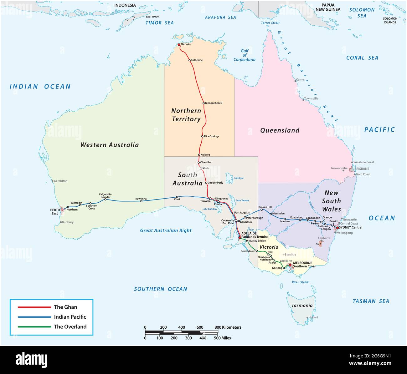 Linienplan von den drei australischen Fernzügen Overland, Indian Pacific, Ghan Stock Vektor