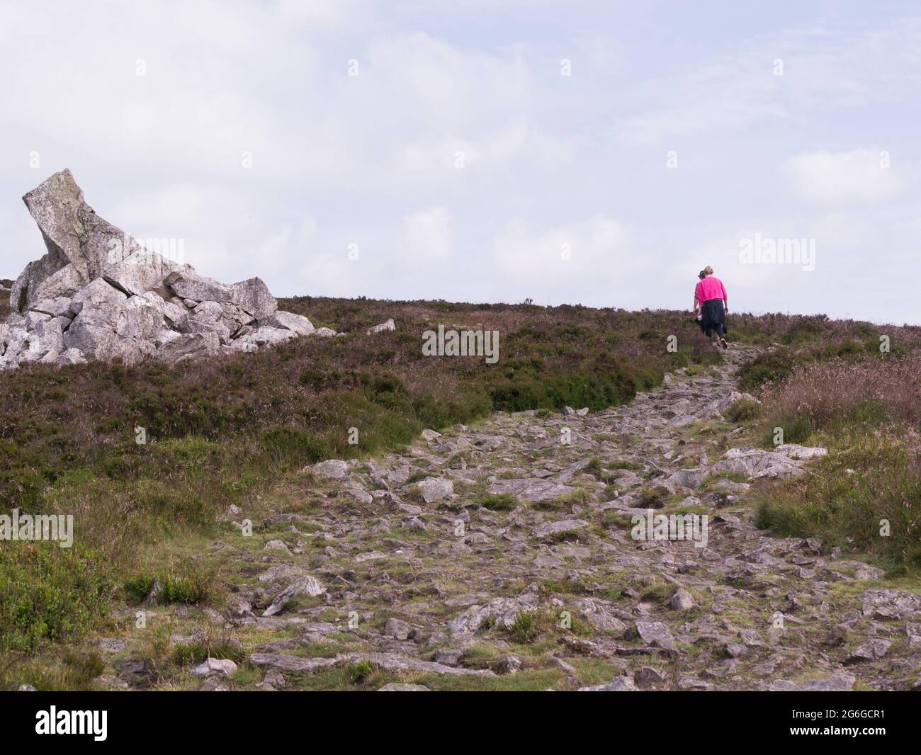 Spaziergang entlang des mit Steinen besäten Grats der Shropshire Way Main Route im Stiperstones National Nature Reserve Shropshire England Großbritannien Stockfoto