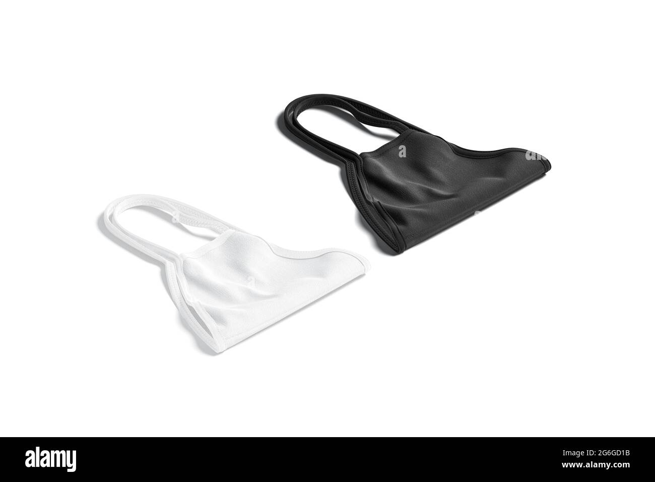 Blank schwarz und weiß Stoff gefaltet Gesichtsmaske Mockup liegend, 3d-Rendering. Respiratorischer Nachbau mit leerem Mund, isoliert, Seitenansicht. Cotto klar Stockfoto