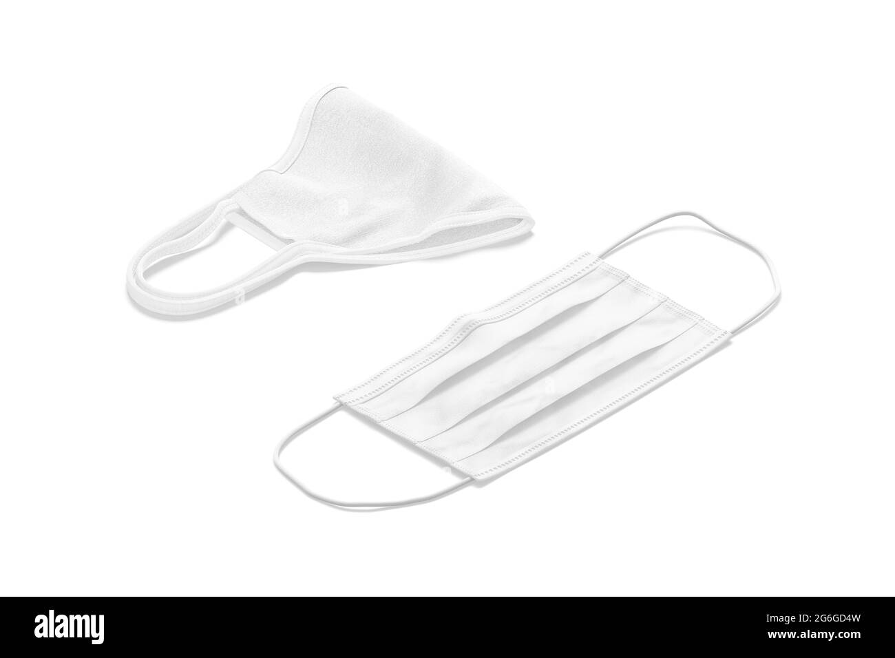 Blank weiße medizinische und Stoffmaske Mockup liegend, Seitenansicht, 3d-Rendering. Leere Medizin Atemwege für Krankenhaus Mock up, isoliert. Klare Atmung Stockfoto