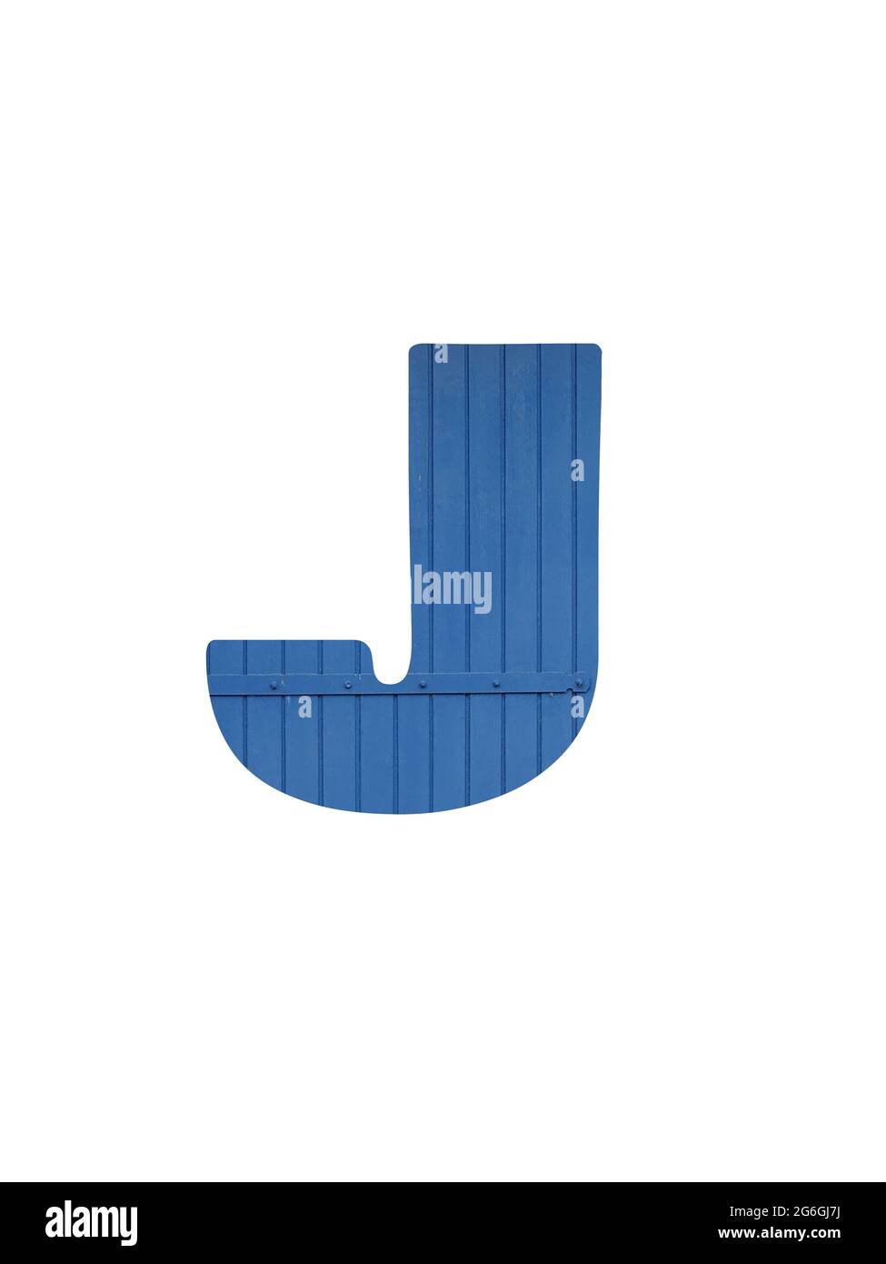 Buchstabe J des Alphabets aus altem blauem Holz, isoliert auf weißem Hintergrund Stockfoto