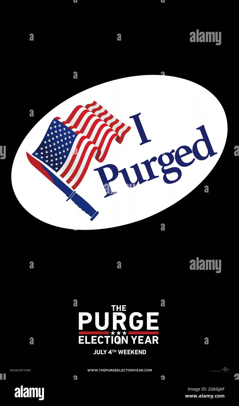 The Purge: Election Year (2016) unter der Regie von James DeMonaco mit Frank Grillo, Elizabeth Mitchell und Mykelti Williamson. Eine Präsidentschaftskandidatin wird wegen ihres Gelübdes, die jährliche Säuberung zu beseitigen, auf den Tod in der Purge Night gerichtet. Stockfoto