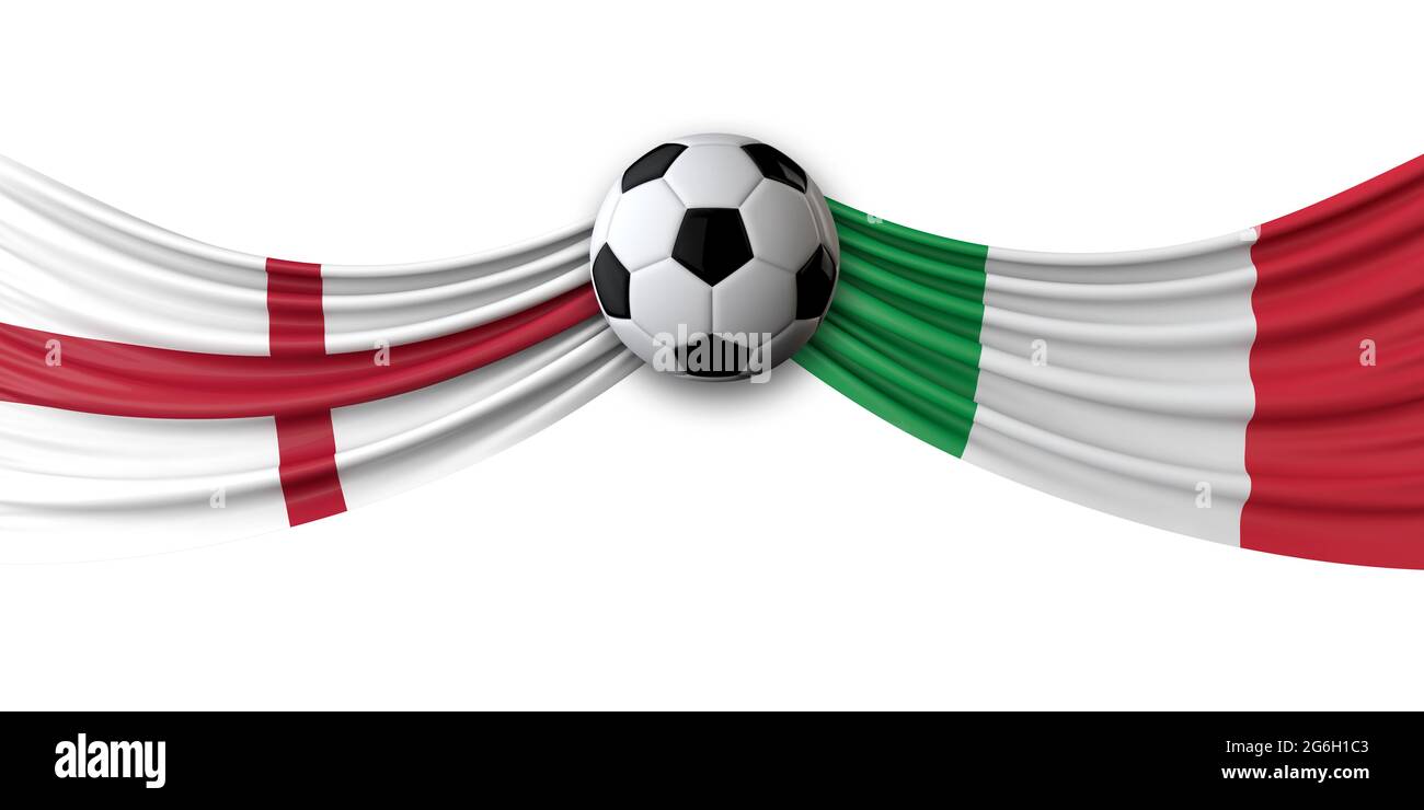 England Vs. Fußballspiel in Italien. Nationalflaggen mit Fußball. 3D-Rendering Stockfoto