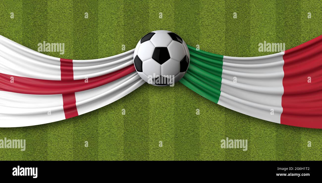 England Vs. Fußballspiel in Italien. Nationalflaggen mit Fußball. 3D-Rendering Stockfoto