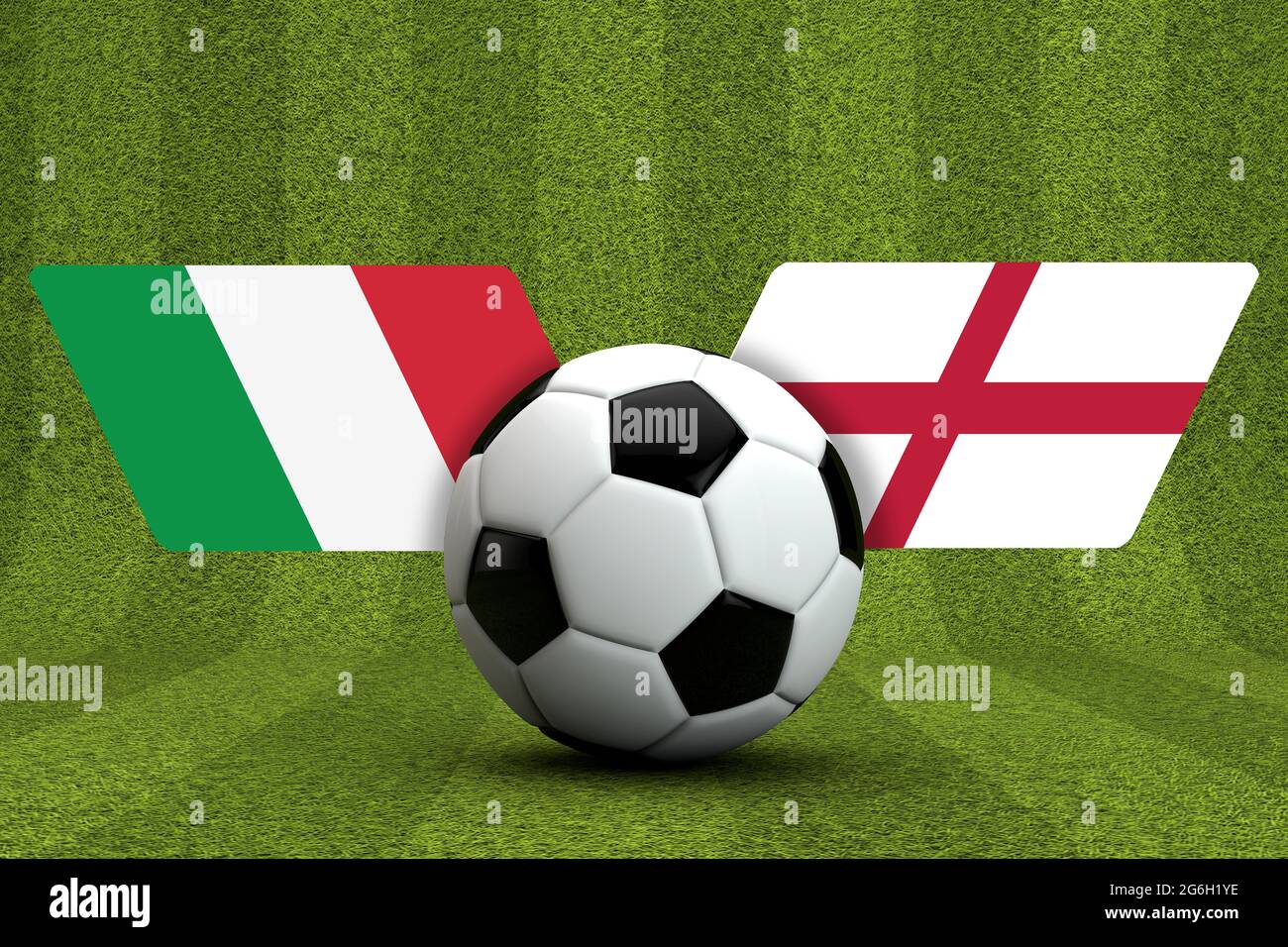 England Vs. Fußballspiel in Italien. Nationalflaggen mit Fußball. 3D-Rendering Stockfoto