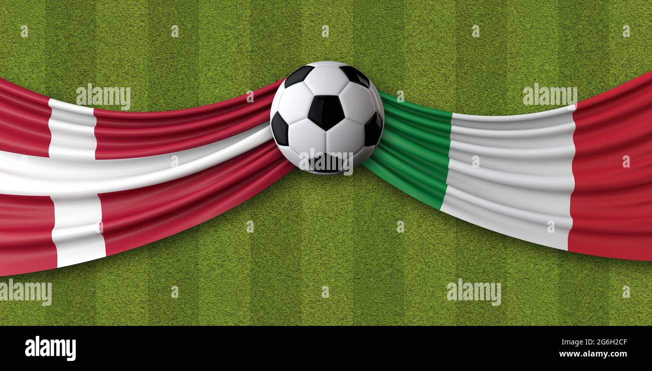 Dänemark Vs. Fußballspiel in Italien. Nationalflaggen mit Fußball. 3D-Rendering Stockfoto