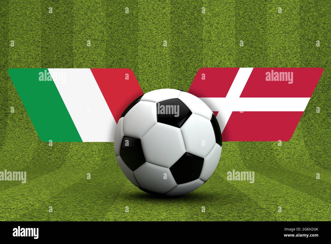 Dänemark Vs. Fußballspiel in Italien. Nationalflaggen mit Fußball. 3D-Rendering Stockfoto