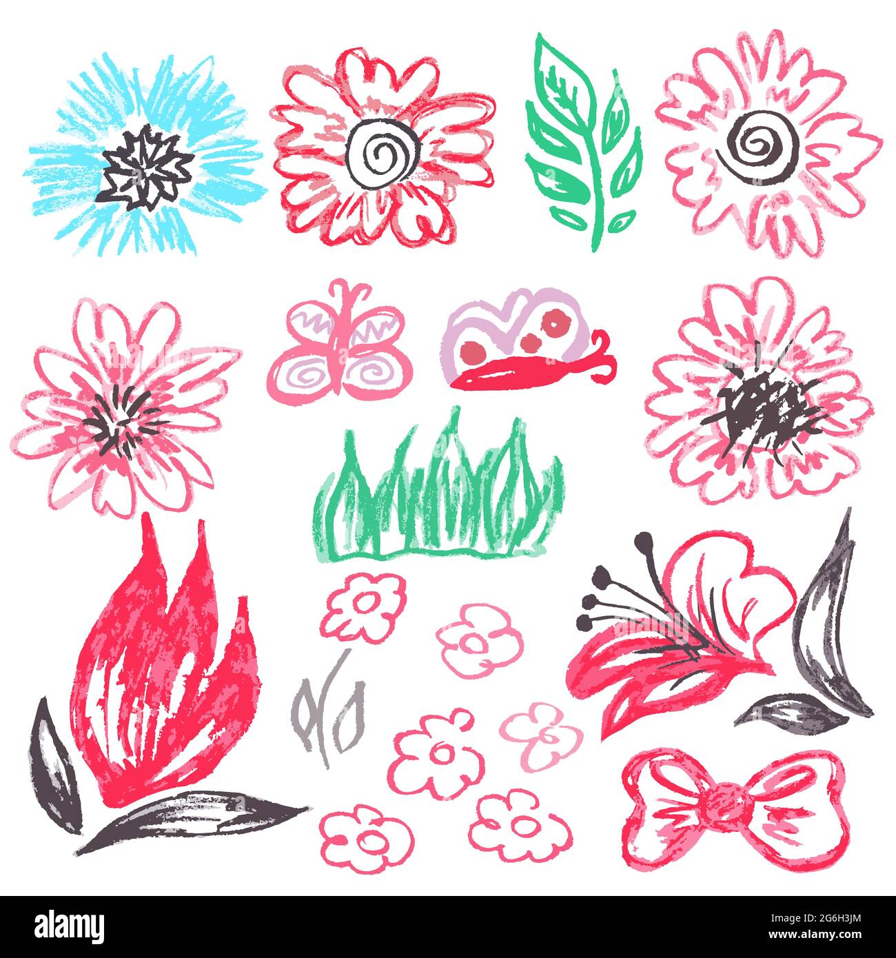 Niedliche kindliche Zeichnung mit Wachsmalstiften auf weißem Hintergrund. Pastellkreide oder Bleistift lustige Doodle Stil Vektor. Kunstelemente, Blumen, Blätter, Bogen Stock Vektor