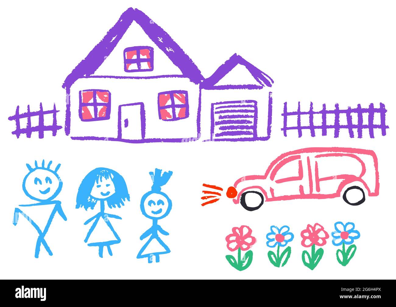 Niedliche kindliche Zeichnung mit Wachsmalstiften auf weißem Hintergrund. Pastellkreide oder Bleistift lustige Doodle Stil Vektor. Familienkomfort, Zuhause, Zaun, Auto, Flow Stock Vektor