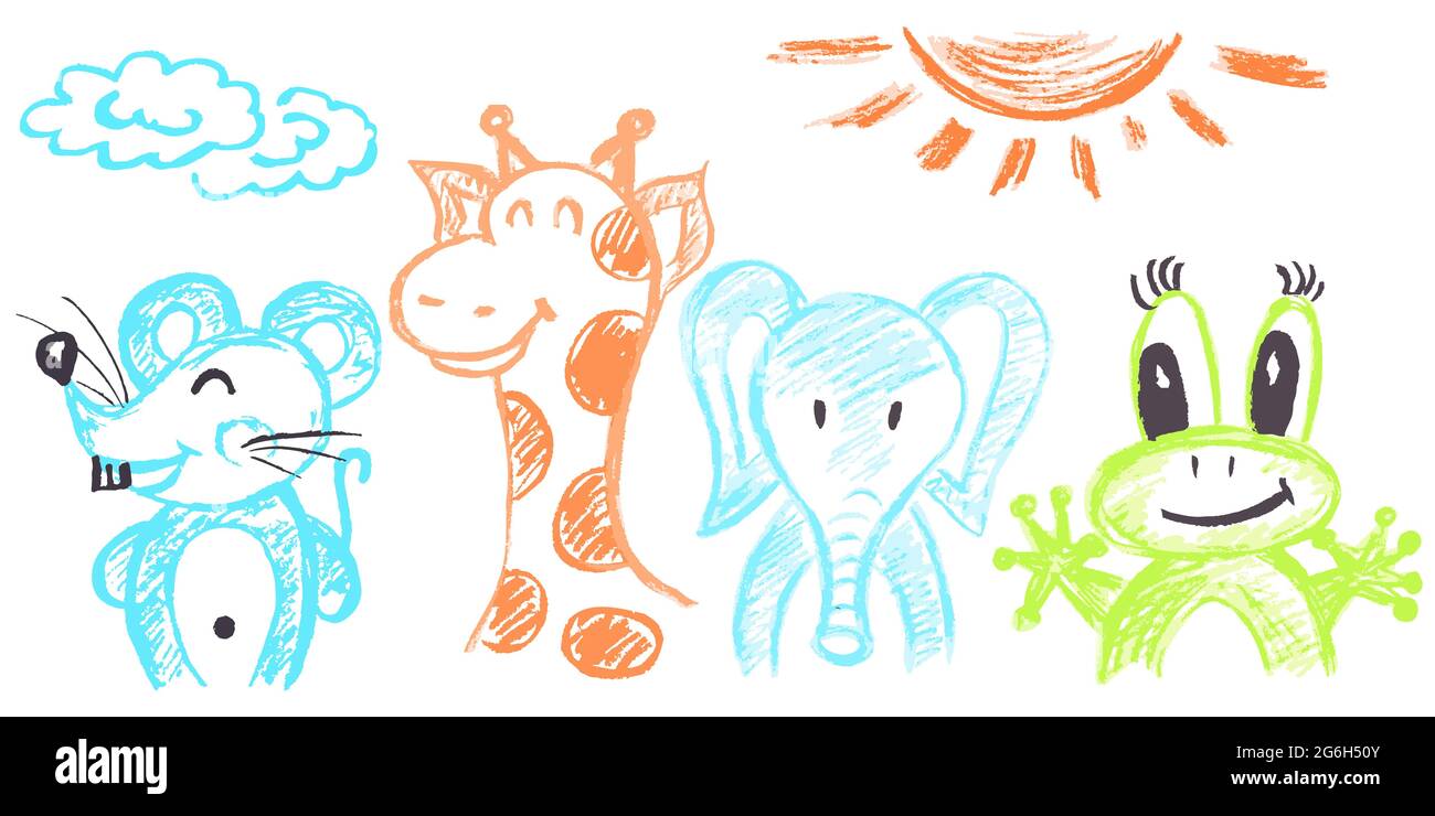 Niedliche kindliche Zeichnung mit Wachsmalstiften auf weißem Hintergrund. Pastellkreide oder Bleistift lustige Doodle Stil Vektor. Set von schönen Tieren. Maus, giraf Stock Vektor
