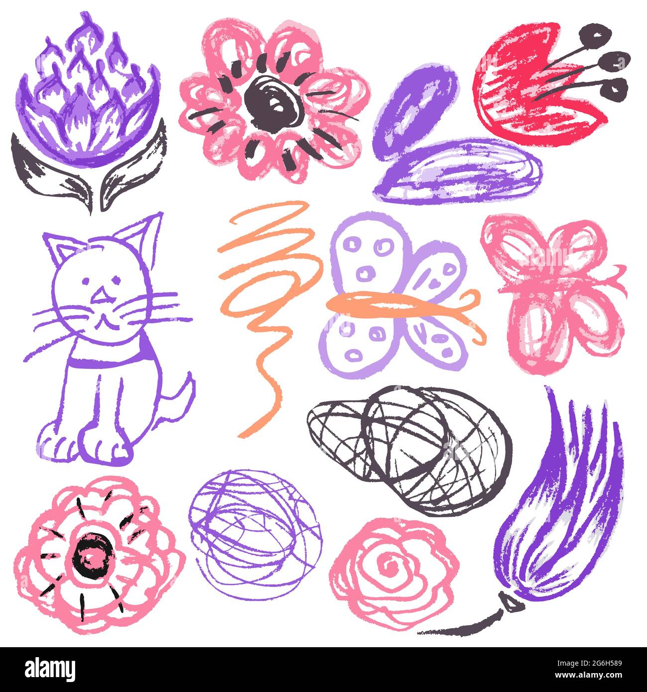 Niedliche kindliche Zeichnung mit Wachsmalstiften auf weißem Hintergrund. Pastellkreide oder Bleistift lustige Doodle Stil Vektor. Blumen, Kritzeleien, Katzen, Schmetterlinge Stock Vektor