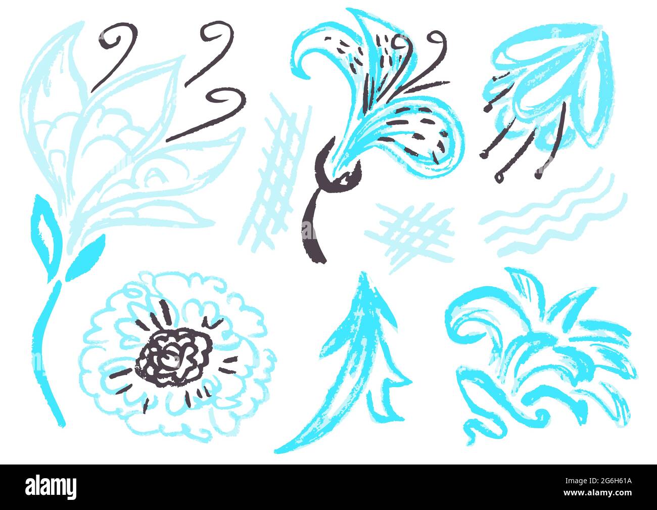 Niedliche kindliche Zeichnung mit Wachsmalstiften auf weißem Hintergrund. Pastellkreide oder Bleistift lustige Doodle Stil Vektor. Florale Art-Elemente Stock Vektor