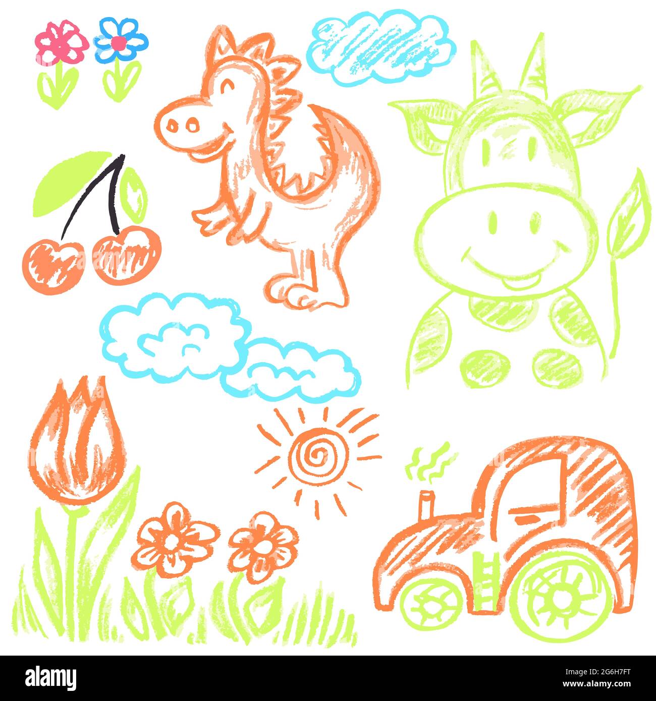 Niedliche kindliche Zeichnung mit Wachsmalstiften auf weißem Hintergrund. Pastellkreide oder Bleistift lustige Doodle Stil Vektor. Kuh, Dinosaurier, Blumen, Traktor Stock Vektor