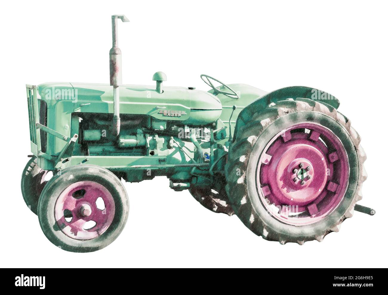 Duotone-Grafik eines Fordson Major Traktors in Pink und Grün, isoliert auf weißem Hintergrund, mit Schnittpfad Stockfoto
