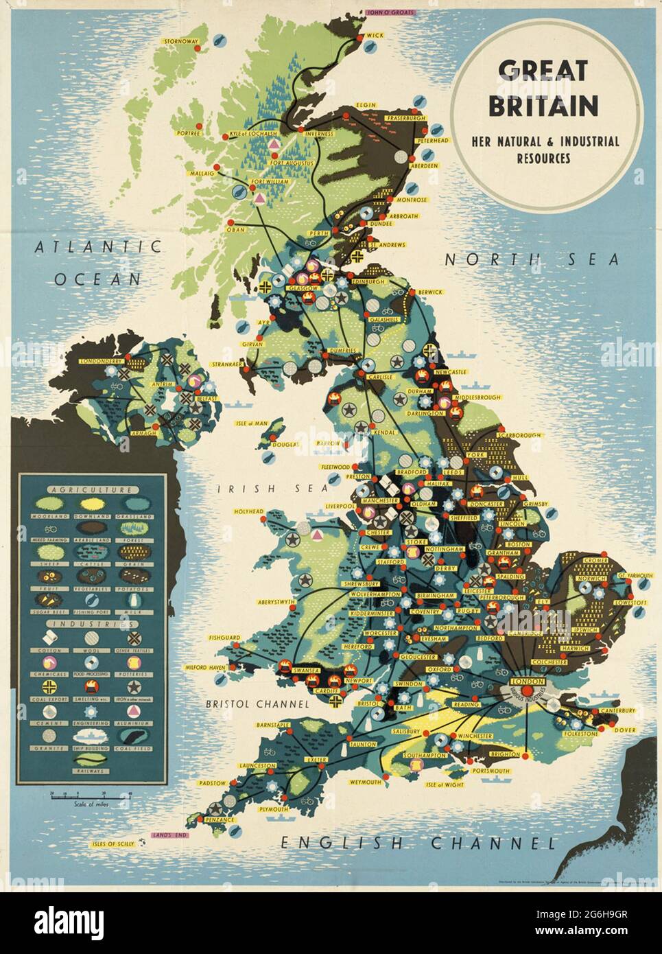 Ein Vintage-Poster, das die natürlichen und industriellen Ressourcen Großbritanniens zeigt Stockfoto