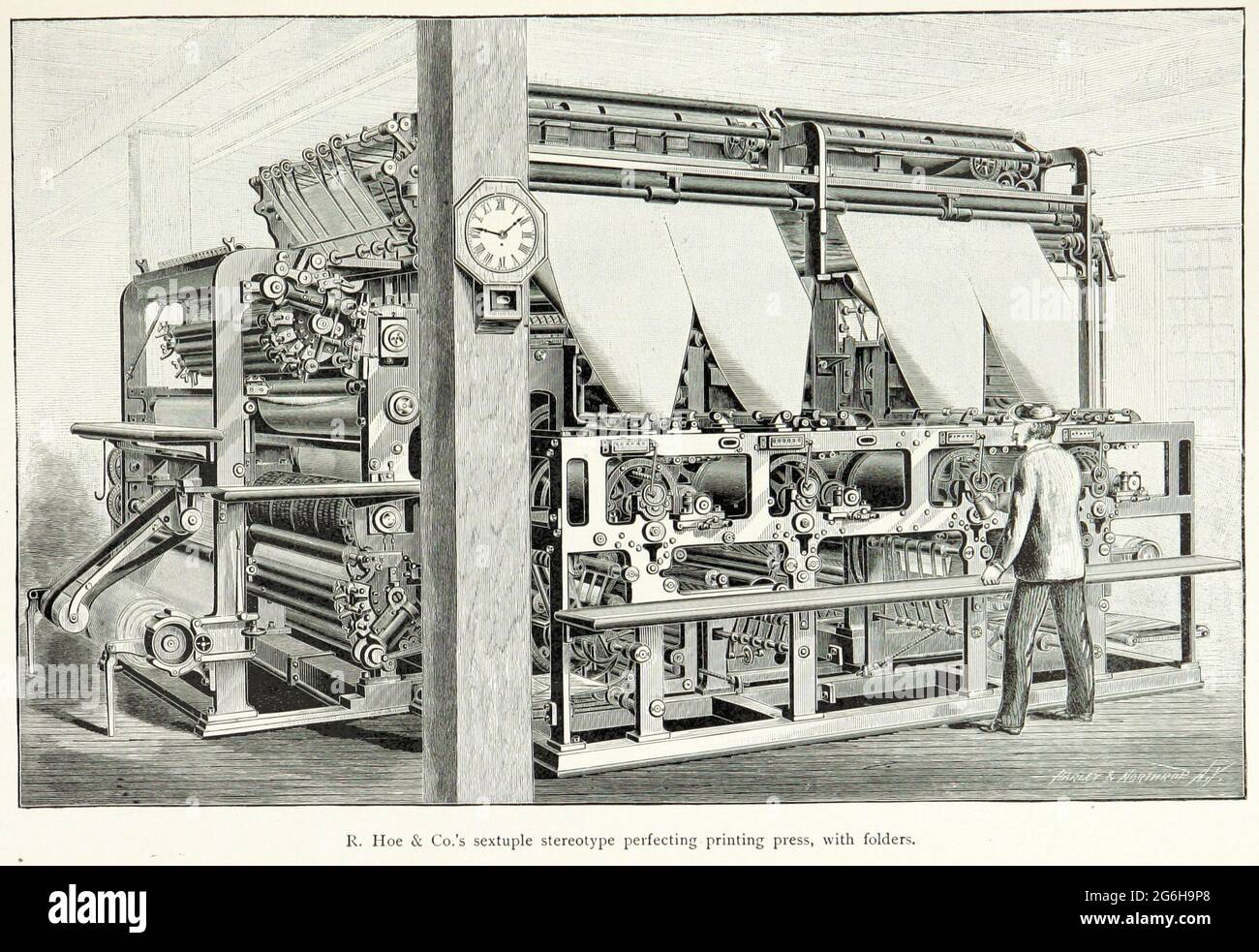 Eine antike Illustration der Sextuple-Druckmaschine R. Hoe & Co Stockfoto