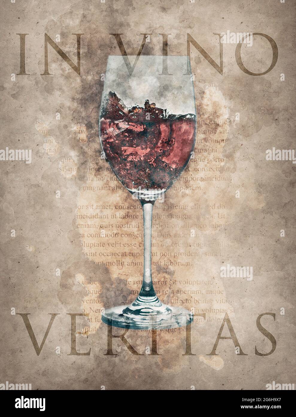 Konzeptbild eines Glases Rotwein vor einem Manuskripthintergrund mit lateinischer Schrift und der Legende 'in vino veritas' Stockfoto