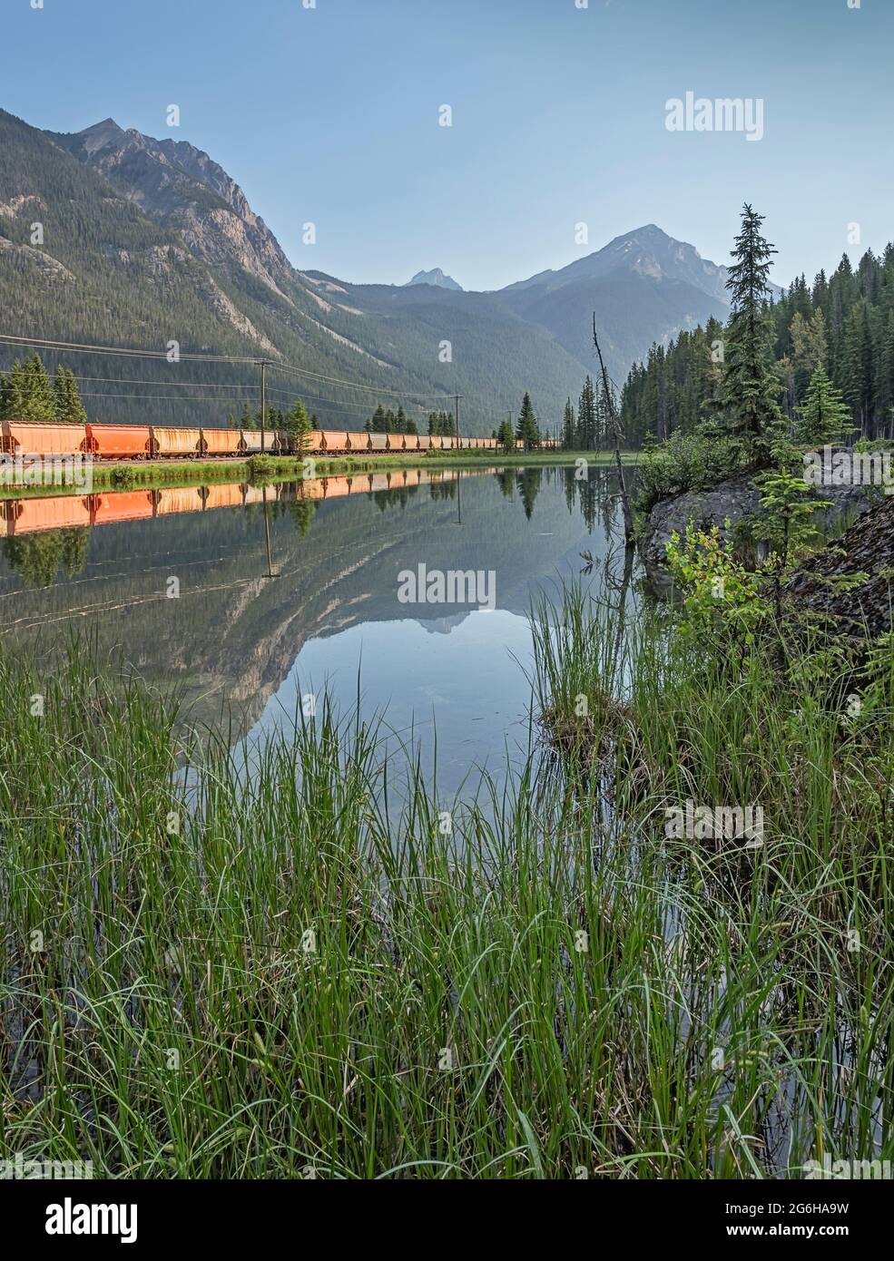 Güterzug und Teich im Yoho National Park in der Nähe von Field, British Columbia Stockfoto