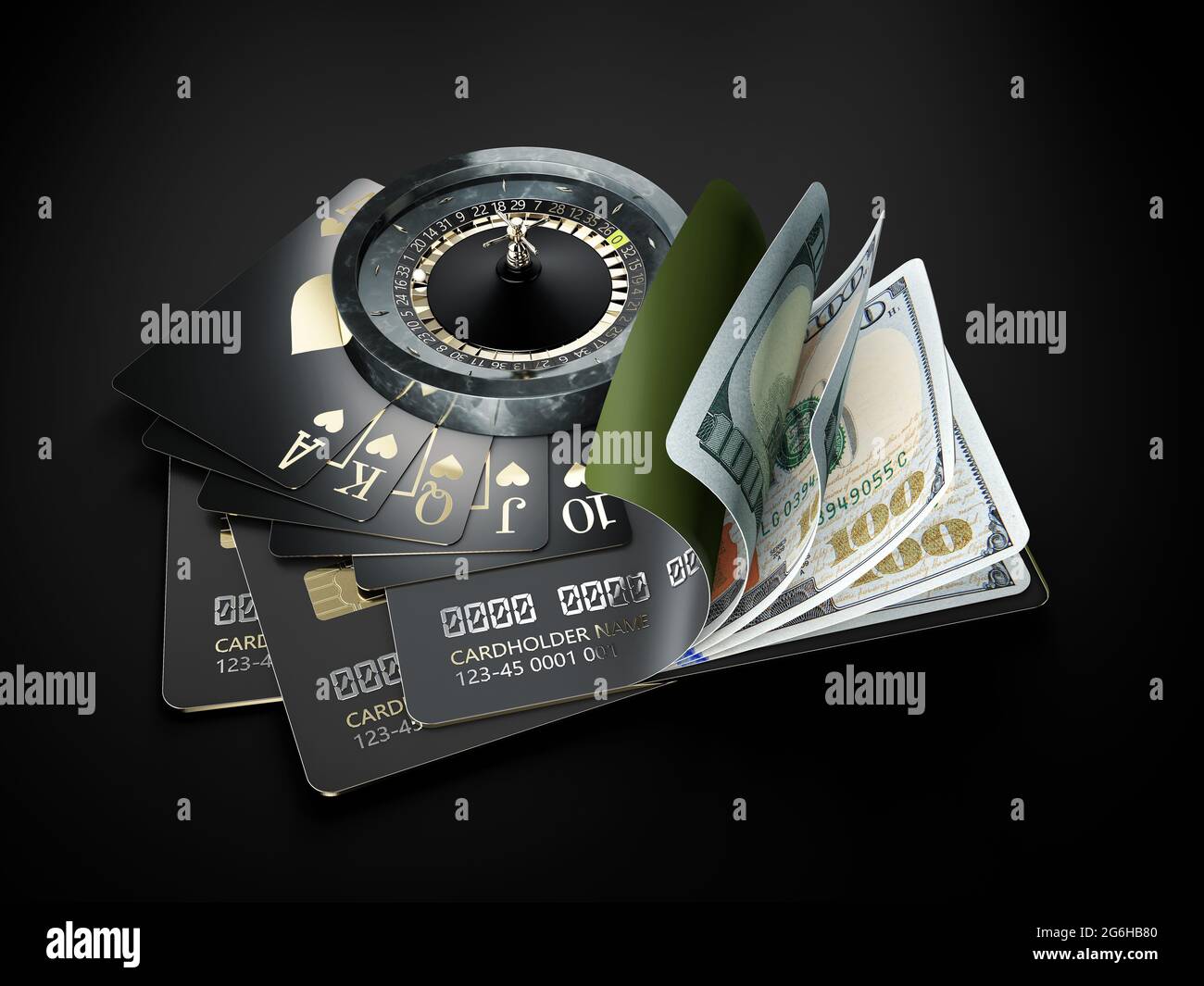 3d-Rendering von Open Credit Card mit Dollar-Banknoten mit Roulette und Flash Royal, Clipping-Pfad enthalten. Stockfoto