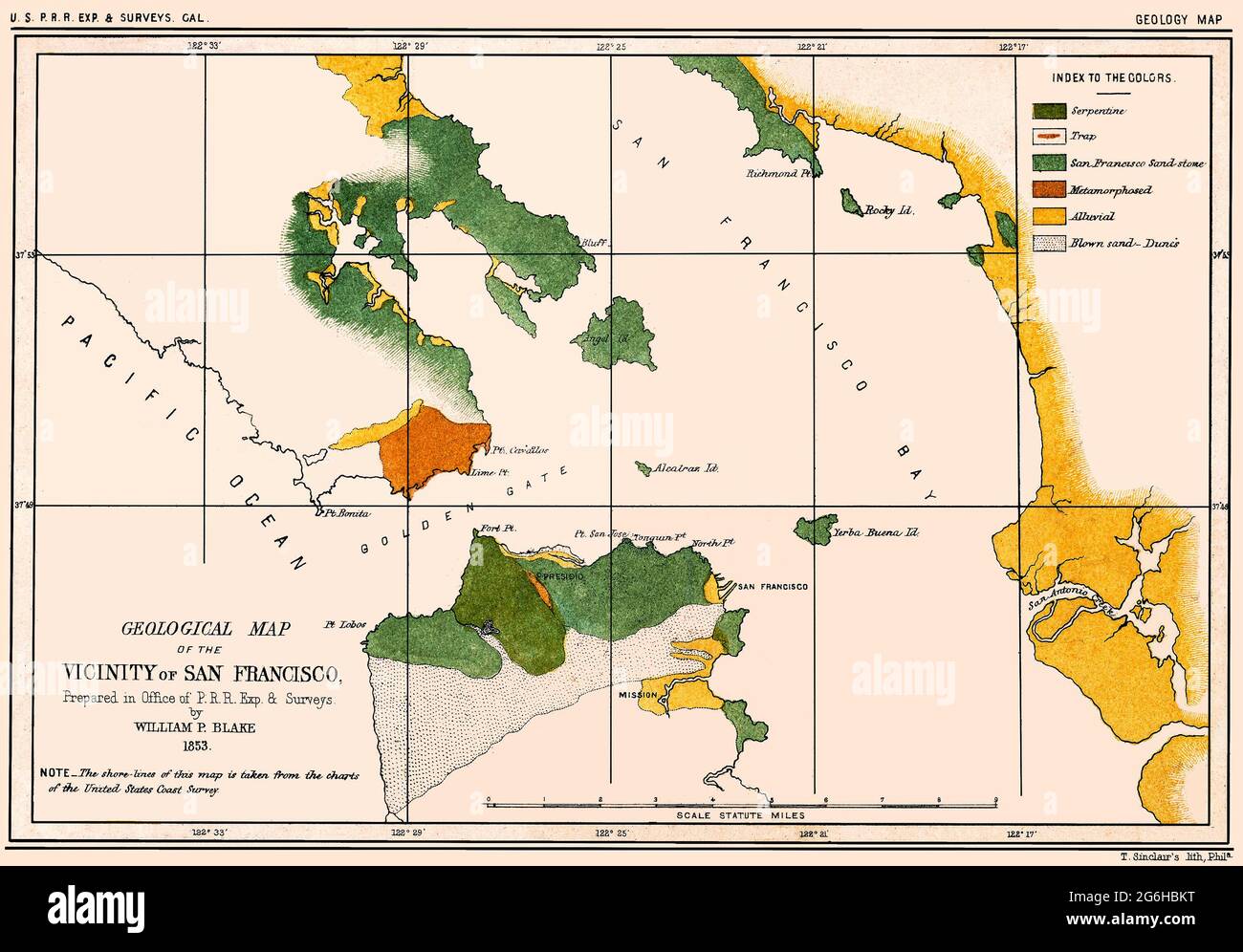 Geologische Karte der Umgebung von San Francisco. Dies ist eine verbesserte, restaurierte Reproduktion einer antiken Karte aus dem Jahr 1853. Stockfoto