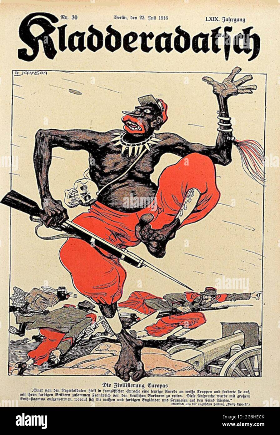 KLADDERADATSCH satirische deutsche Zeitschrift vom Juli 1914 verspottet französische Kolonialsoldaten Stockfoto