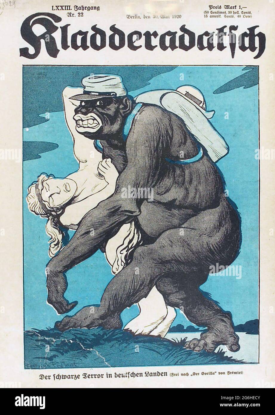 KLADDERADATSCH satirische deutsche Zeitschrift. Cover der Ausgabe vom Mai 1920, die französische Kolonialambitionen verspottet. Stockfoto