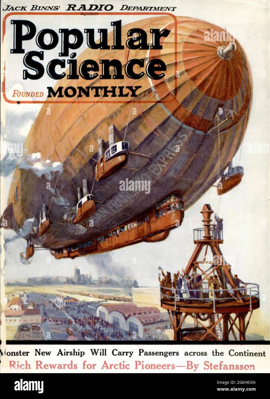 POPULAR SCIENCE ein amerikanisches vierteljährliches Magazin, das erstmals 1872 veröffentlicht wurde. Die Ausgabe vom 1932. Januar zeigt ein interkontinentales Luftschiff. Stockfoto