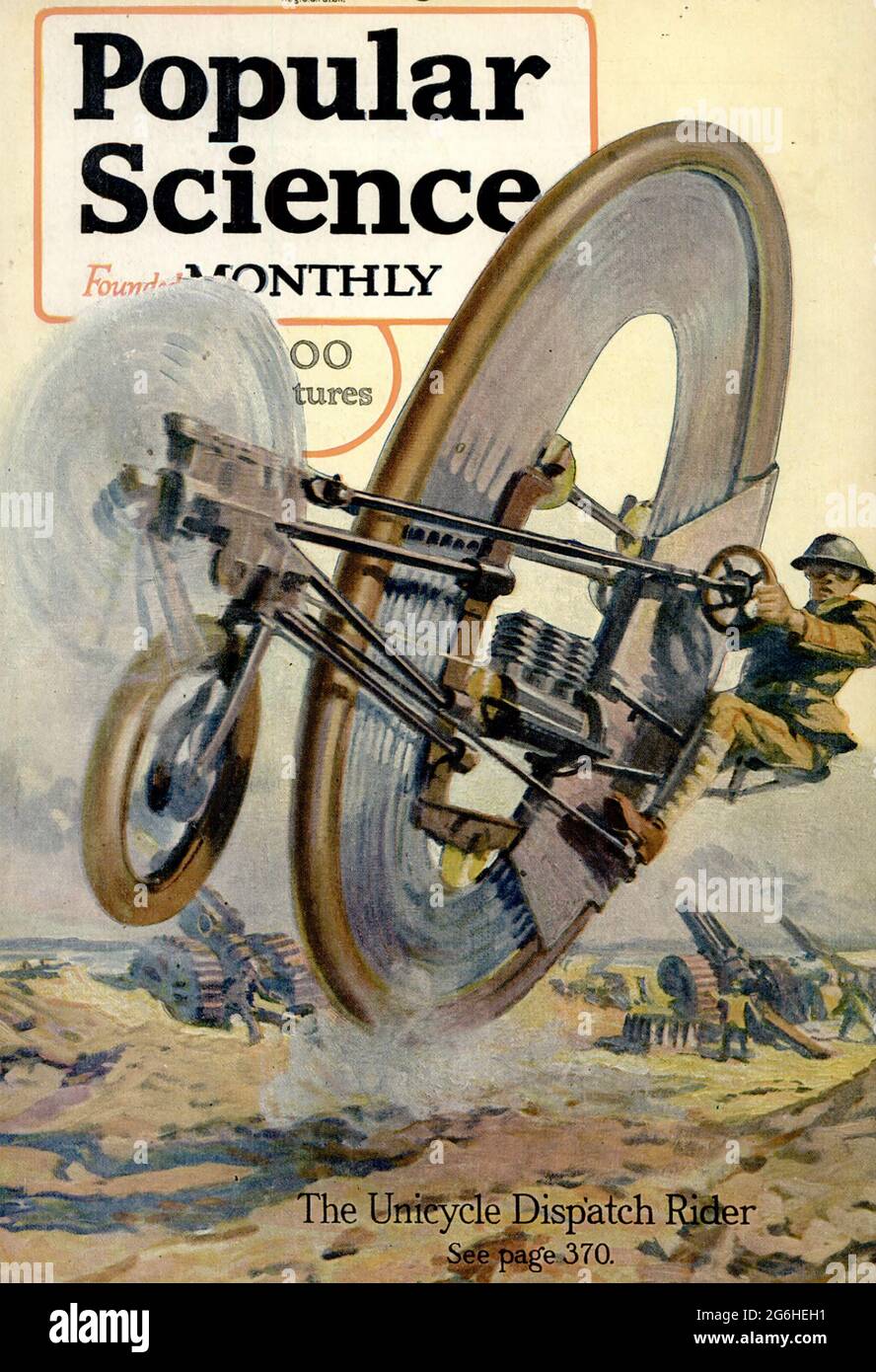 POPULAR SCIENCE ein amerikanisches vierteljährliches Magazin, das erstmals 1872 veröffentlicht wurde. Das Cover für September 1917 zeigt ein Konzept für einen Kriegsfahrer. Stockfoto