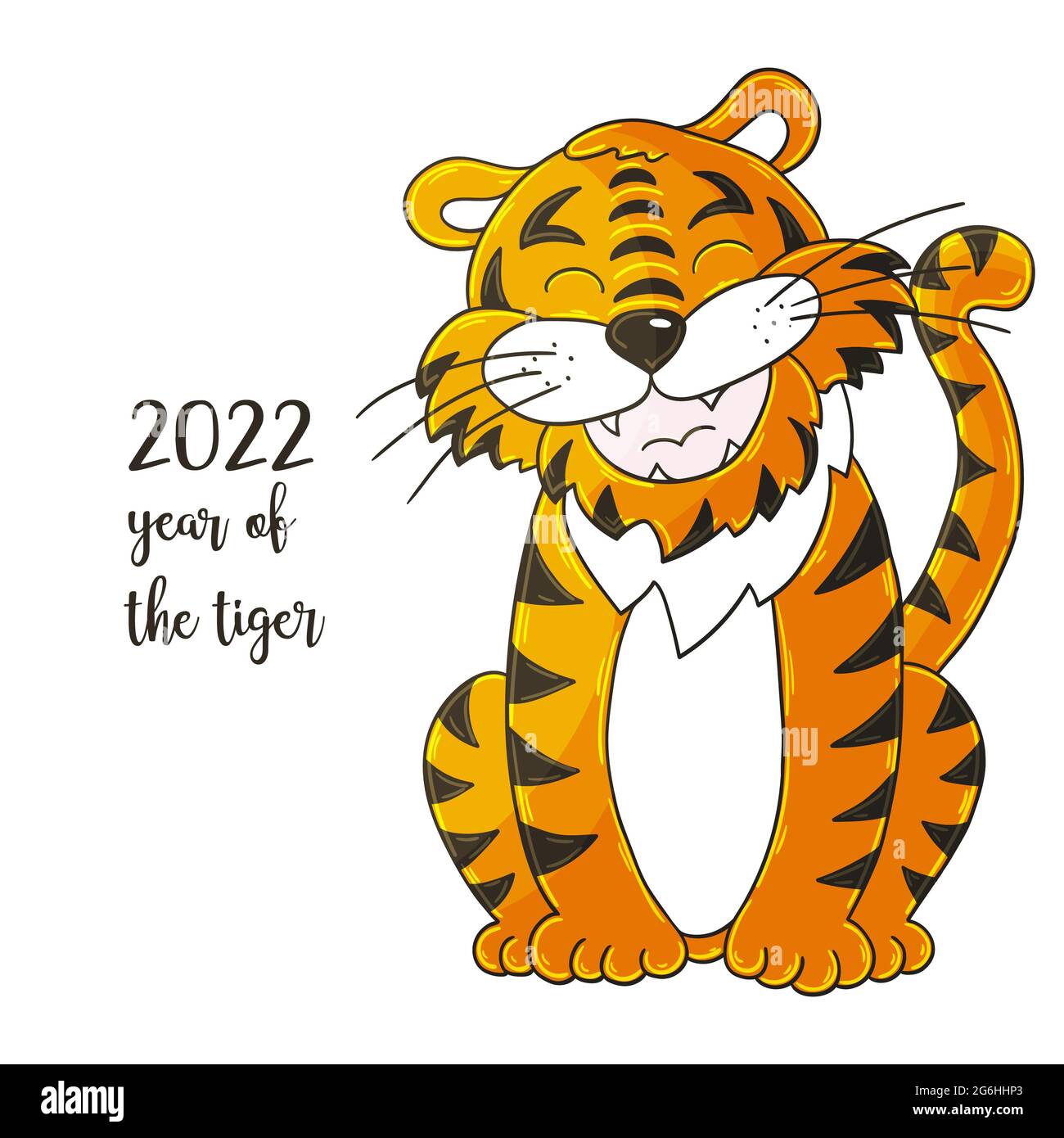 Symbol von 2022. Vektor-Illustration mit Tiger in Hand zeichnen Stil. Neujahr 2022. Der Tiger sitzt. Cartoon Tier für Karten, Kalender, Plakate, Stock Vektor