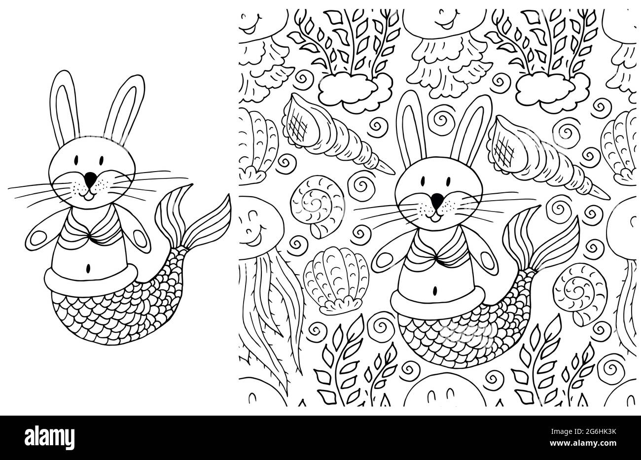 Kontursatz aus Element und nahtlosem Muster. Ideal für Kinderkleidung. Hasenmermaid und Hintergrund mit Muscheln Stock Vektor