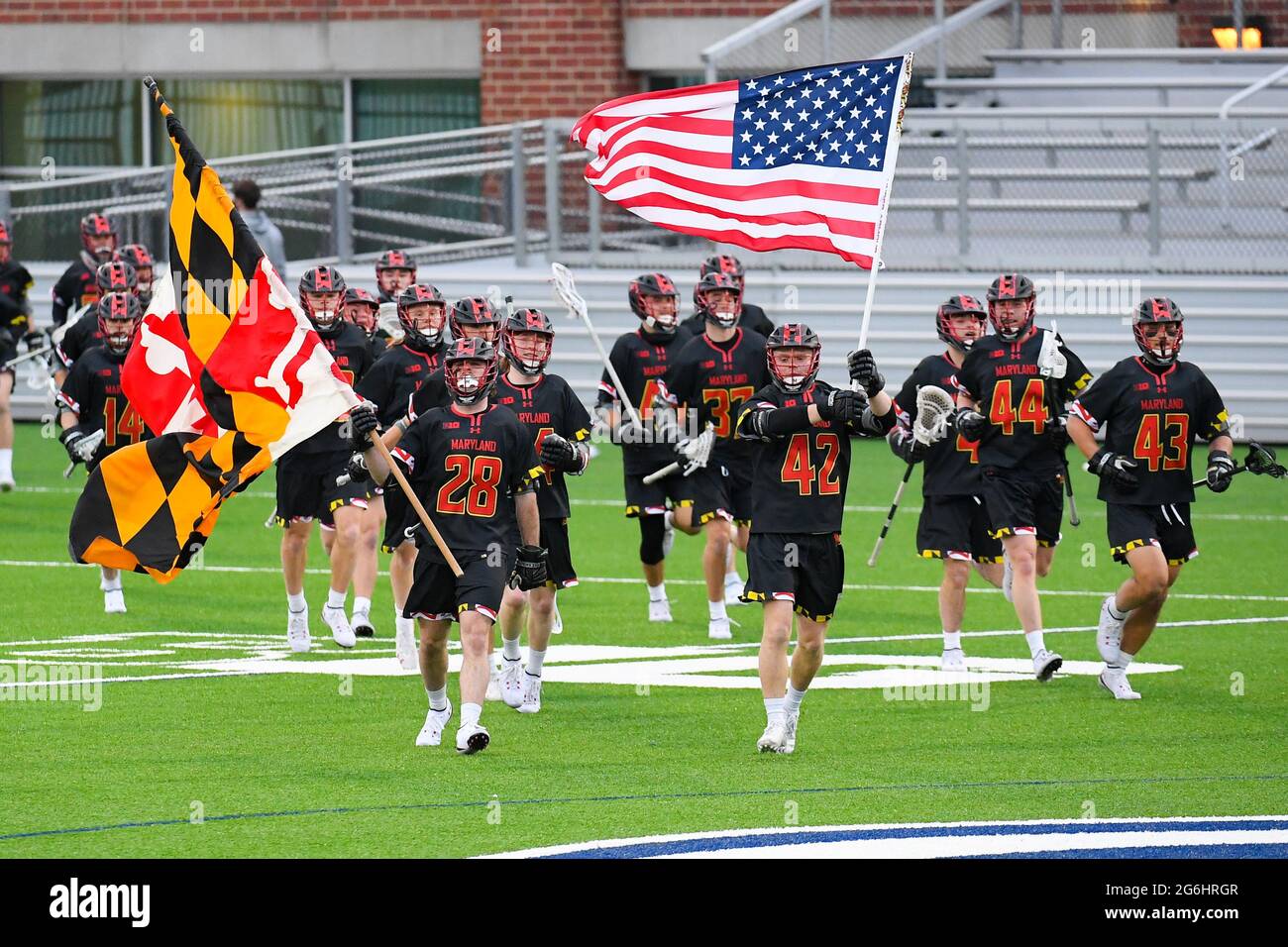 26. Februar 2021: Maryland-Terrapins-Spieler nehmen das Feld vor einem NCAA-Herren-Lacrosse-Spiel gegen die Penn State Nittany Lions am Freitag, den 26. Februar 2021 im Panzer Stadium im State College, Pennsylvania, ein. Maryland gewann 13:7. Rich Barnes/CSM Stockfoto