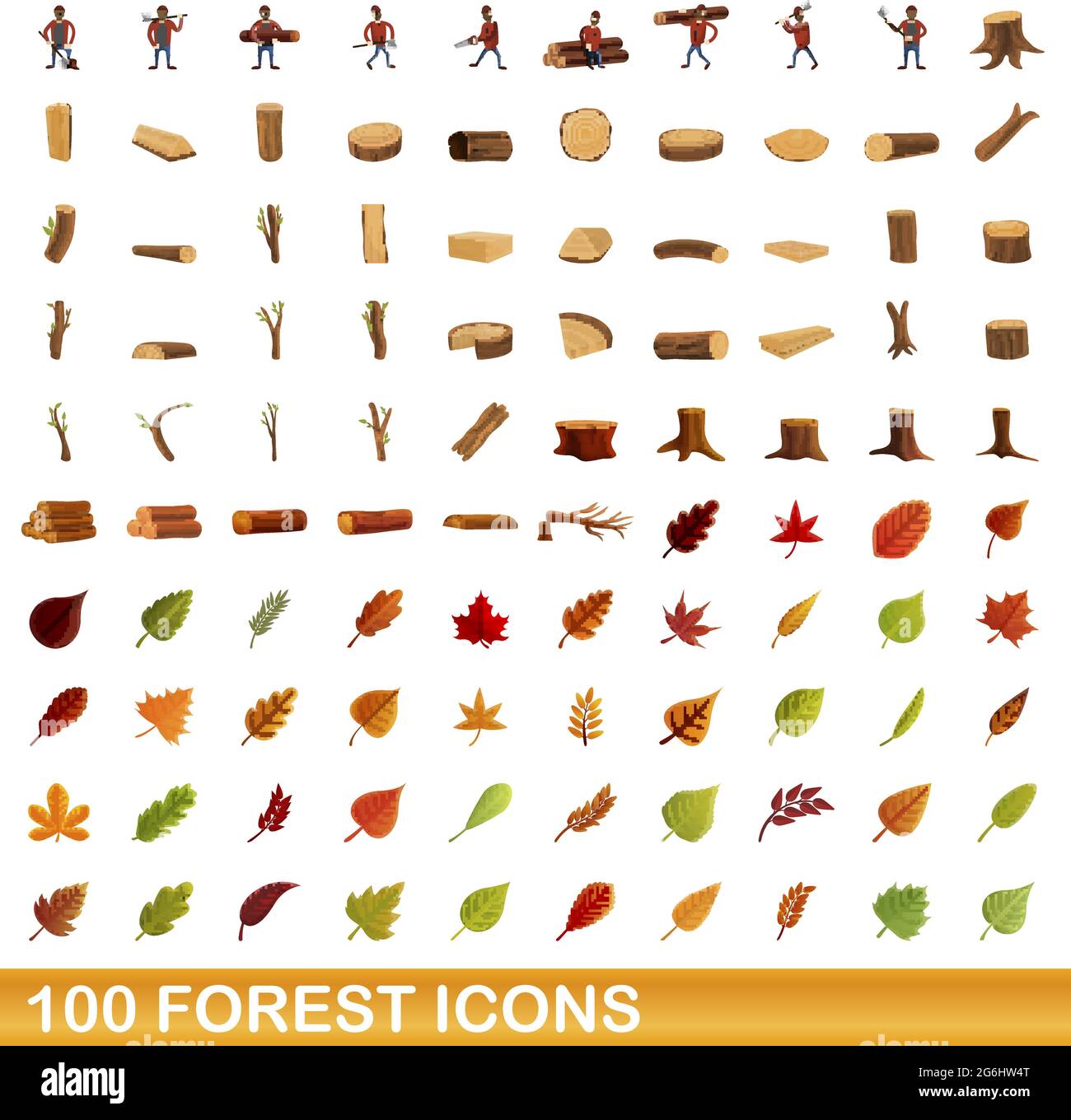 100 Symbole für die Gesamtstruktur eingestellt. Cartoon-Illustration von 100 Wald-Symbole Vektor-Set isoliert auf weißem Hintergrund Stock Vektor