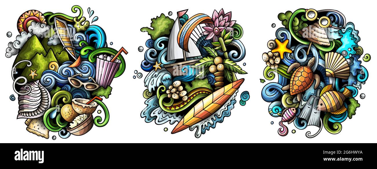 Mauritus Cartoon Vektor Doodle Designs Set. Farbenfrohe, detailreiche Kompositionen mit vielen exotischen Inselobjekten und Symbolen. Isoliert auf weißem Illustrati Stock Vektor