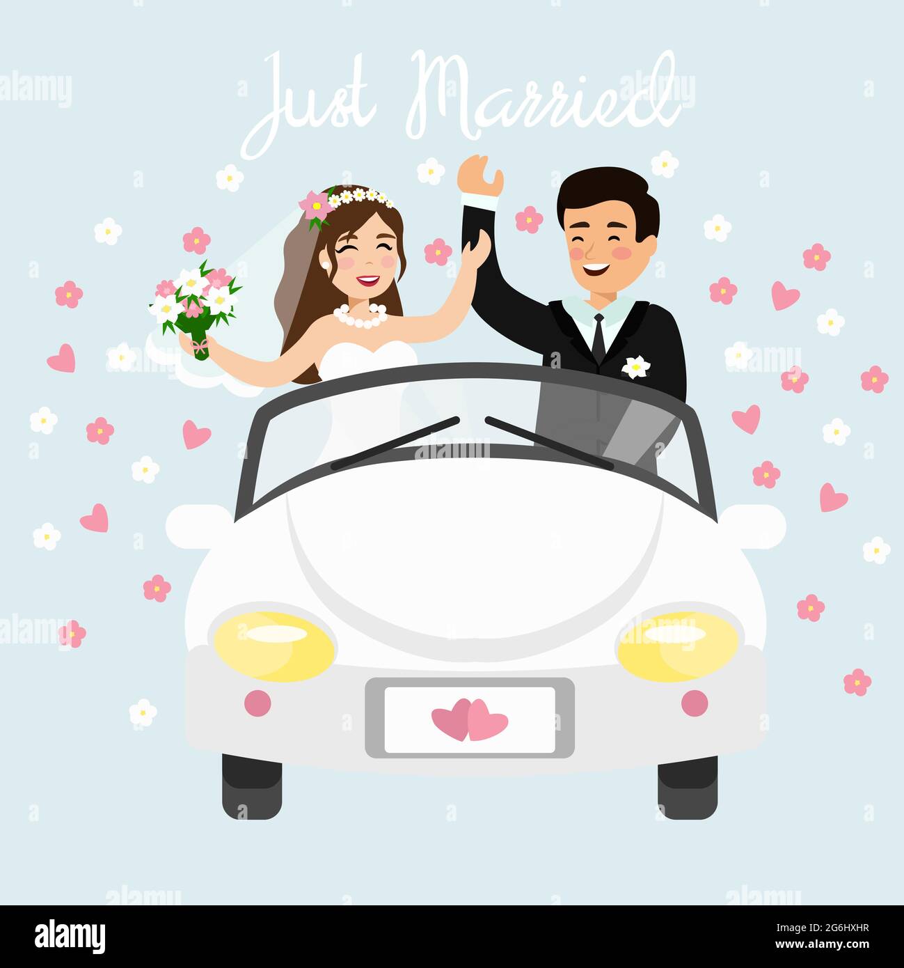 Vektordarstellung eines gerade verheirateten Paares, das in den Flitterwochen ein weißes Auto fährt. Hochzeit Braut und Bräutigam in flachen Cartoon-Stil. Stock Vektor
